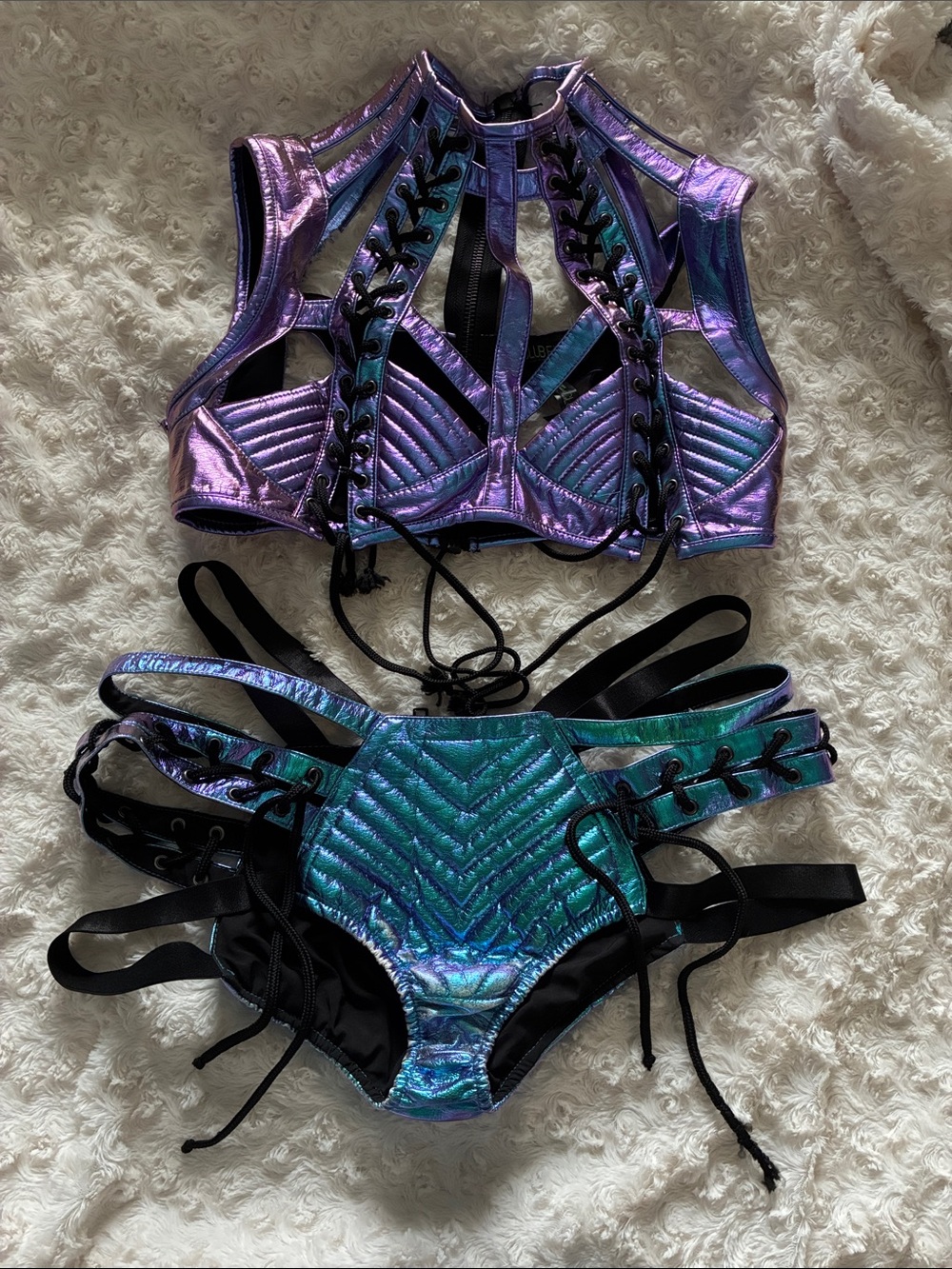 Iridescent Lace-Up Crop Tops — Purple & Teal Duo